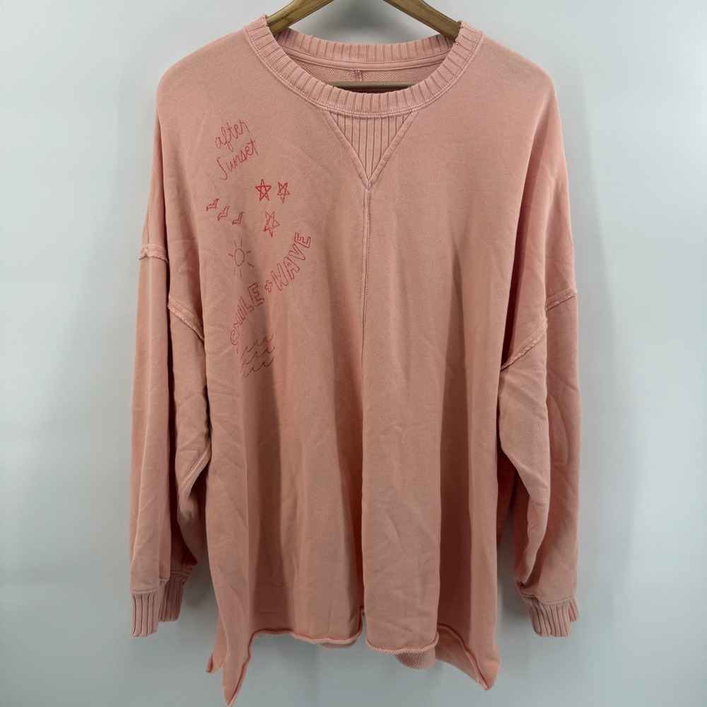 Aerie Women Peach Smile Wave After Sunset Embroidered Oversized Sweatshirt Large